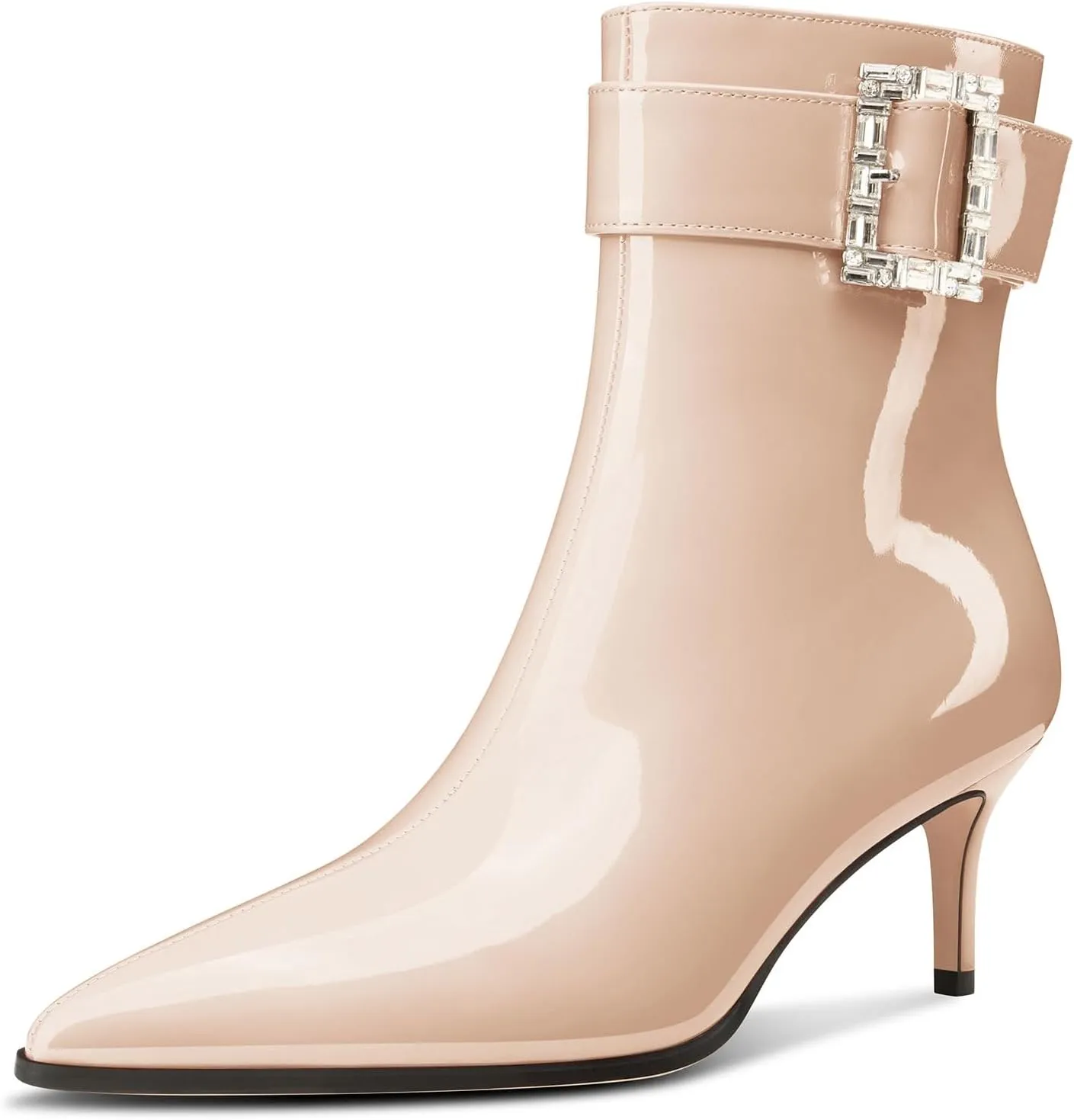 Aachcol Womens Kitten Heel Ankle Boots Pointed Toe Buckle Rhinestone Crystal Mid Calf Zipper 2.6 Inches Heels Patent Leather Dress Short Booties