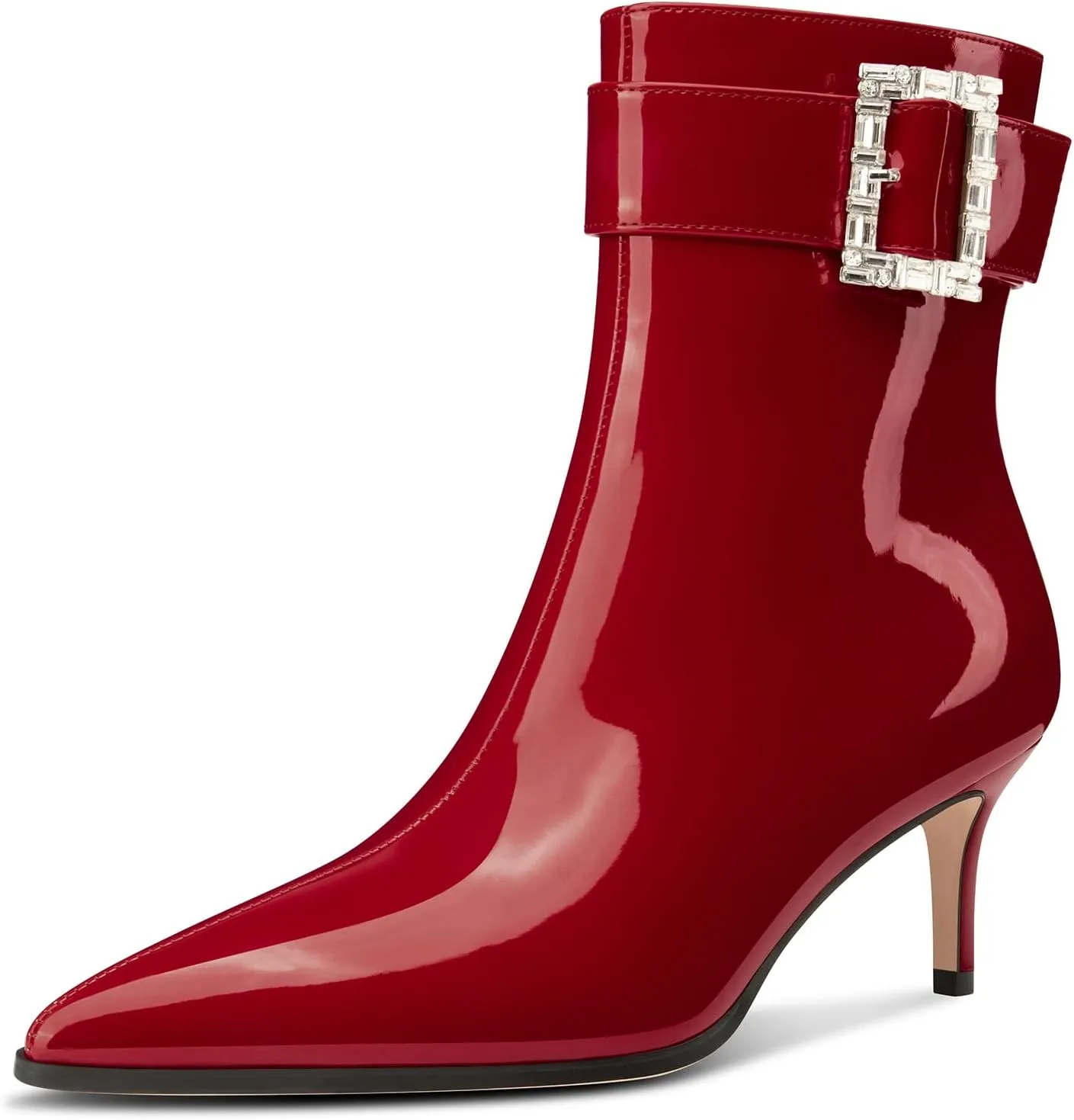 Aachcol Womens Kitten Heel Ankle Boots Pointed Toe Buckle Rhinestone Crystal Mid Calf Zipper 2.6 Inches Heels Patent Leather Dress Short Booties