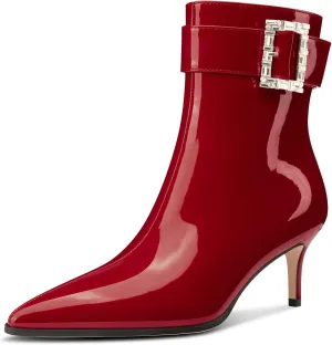 Aachcol Womens Kitten Heel Ankle Boots Pointed Toe Buckle Rhinestone Crystal Mid Calf Zipper 2.6 Inches Heels Patent Leather Dress Short Booties
