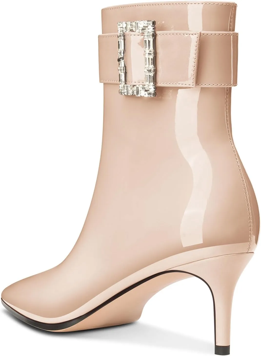 Aachcol Womens Kitten Heel Ankle Boots Pointed Toe Buckle Rhinestone Crystal Mid Calf Zipper 2.6 Inches Heels Patent Leather Dress Short Booties