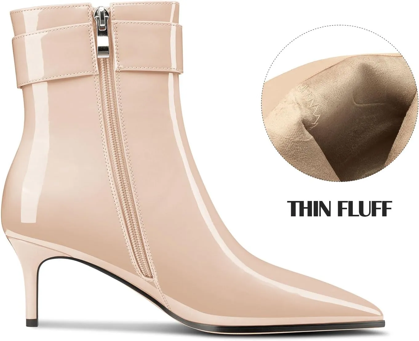 Aachcol Womens Kitten Heel Ankle Boots Pointed Toe Buckle Rhinestone Crystal Mid Calf Zipper 2.6 Inches Heels Patent Leather Dress Short Booties