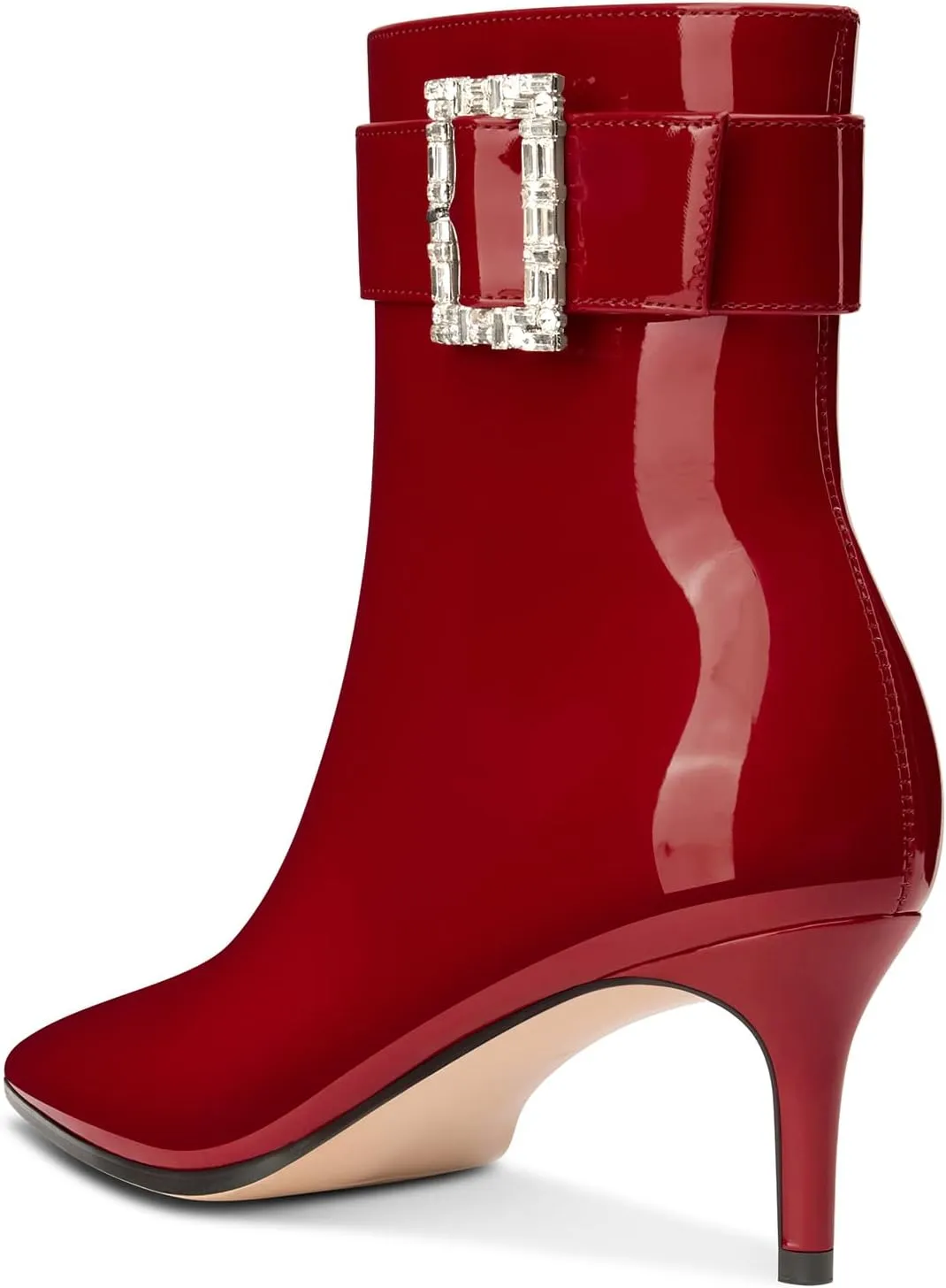 Aachcol Womens Kitten Heel Ankle Boots Pointed Toe Buckle Rhinestone Crystal Mid Calf Zipper 2.6 Inches Heels Patent Leather Dress Short Booties