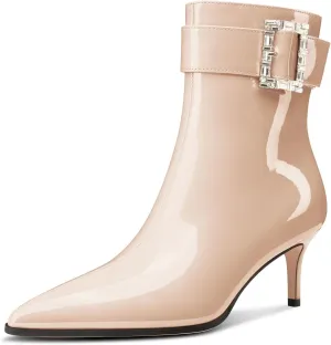 Aachcol Womens Kitten Heel Ankle Boots Pointed Toe Buckle Rhinestone Crystal Mid Calf Zipper 2.6 Inches Heels Patent Leather Dress Short Booties