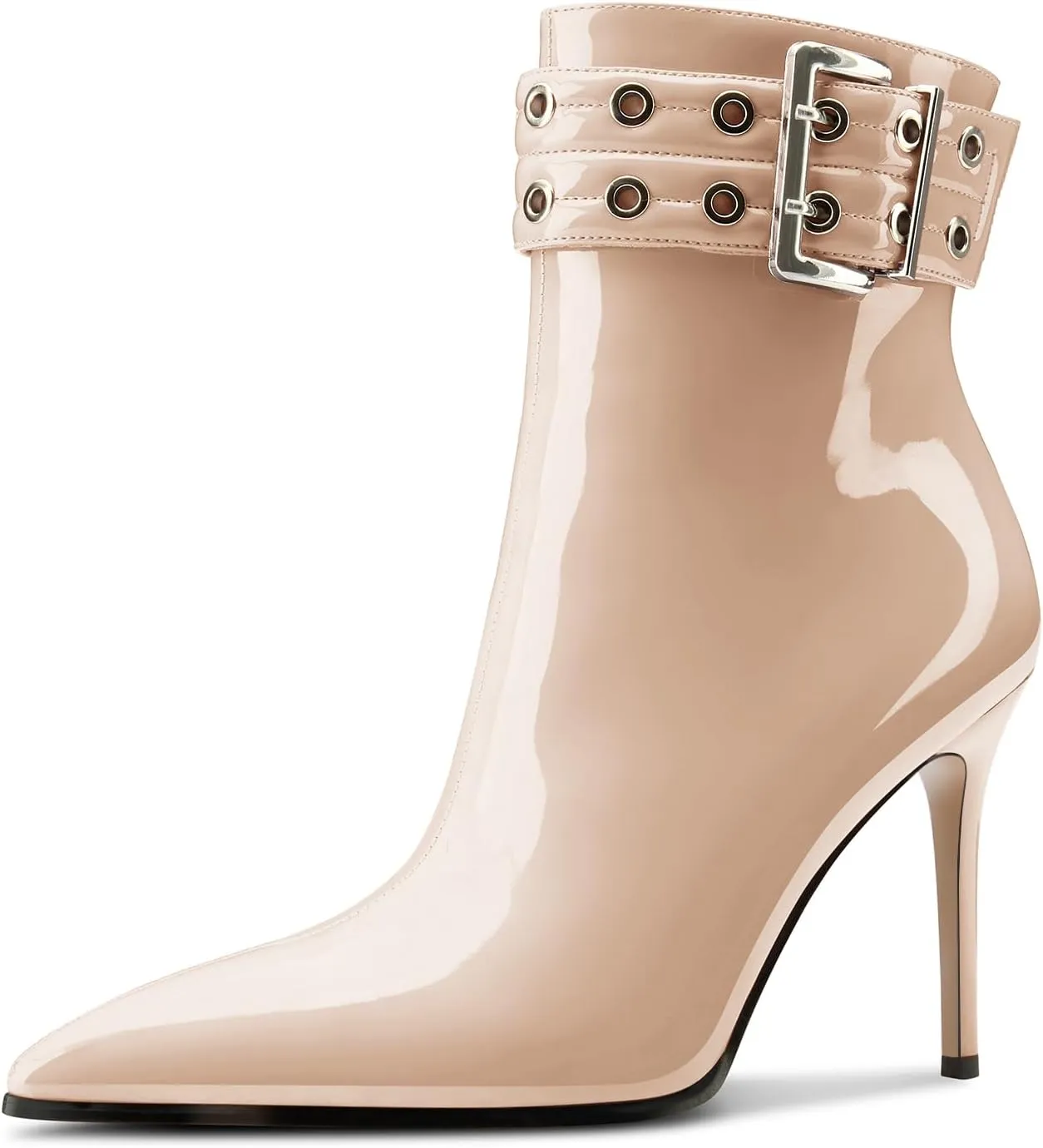 Aachcol Womens Pointed Toe Stiletto Heel Buckle Ankle Boots Patent Leather High Heel Mid Calf Zipper 4 Inches Heels Booties