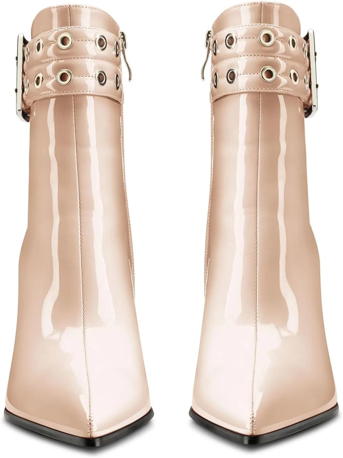 Aachcol Womens Pointed Toe Stiletto Heel Buckle Ankle Boots Patent Leather High Heel Mid Calf Zipper 4 Inches Heels Booties