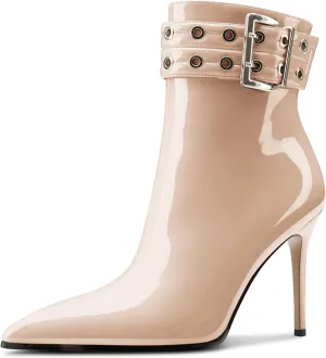 Aachcol Womens Pointed Toe Stiletto Heel Buckle Ankle Boots Patent Leather High Heel Mid Calf Zipper 4 Inches Heels Booties