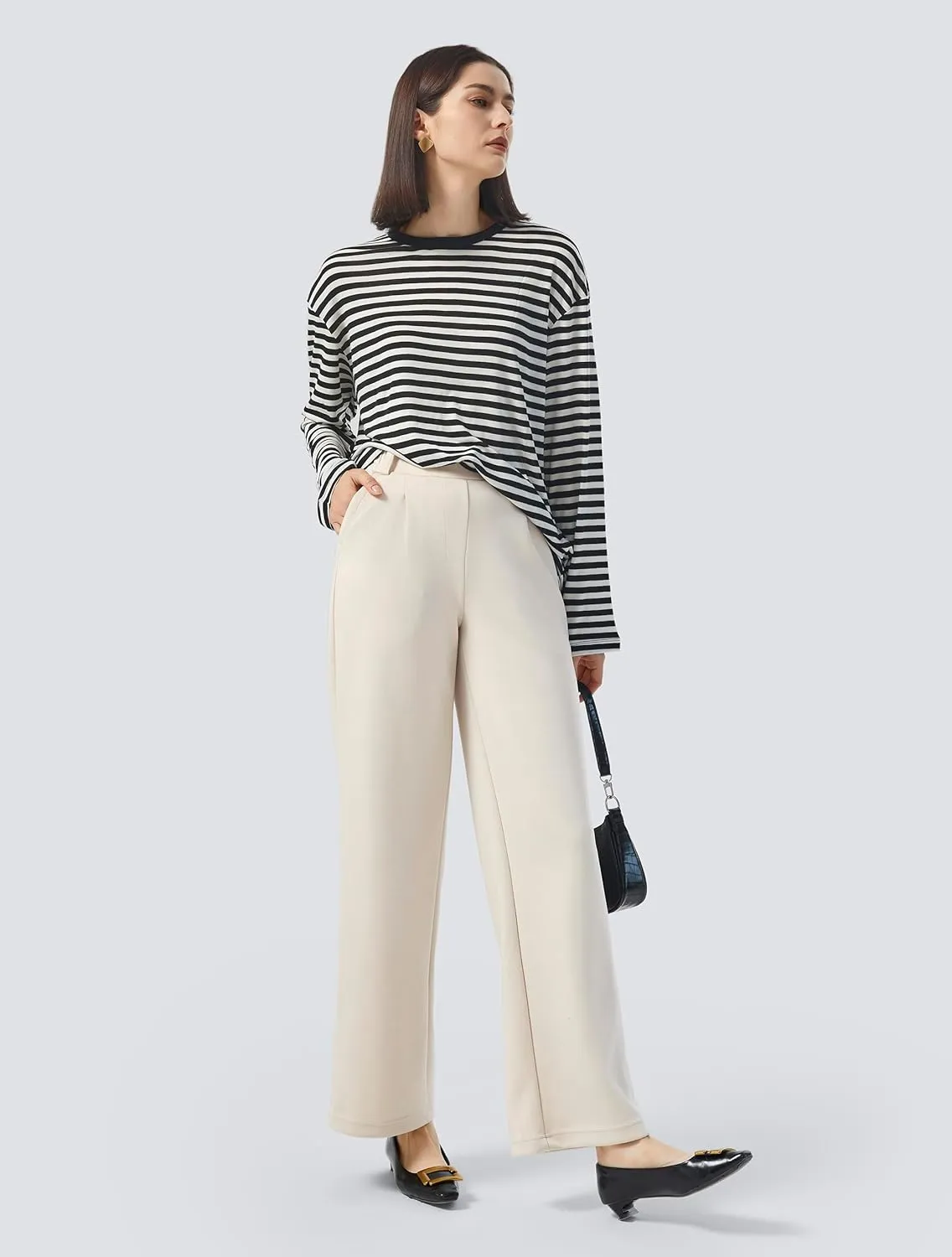 AFITNE Womens Wide Leg Work Pants High Waist Pull On Dress Pants Elastic Waistband Casual Slacks with Thick Fabric