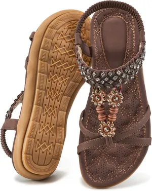 Alicegana Sandals for Women 2025 Dressy - Comfort Bohemian Summer Flats Ankle Elastic Strap Casual Walking Beach Shoes