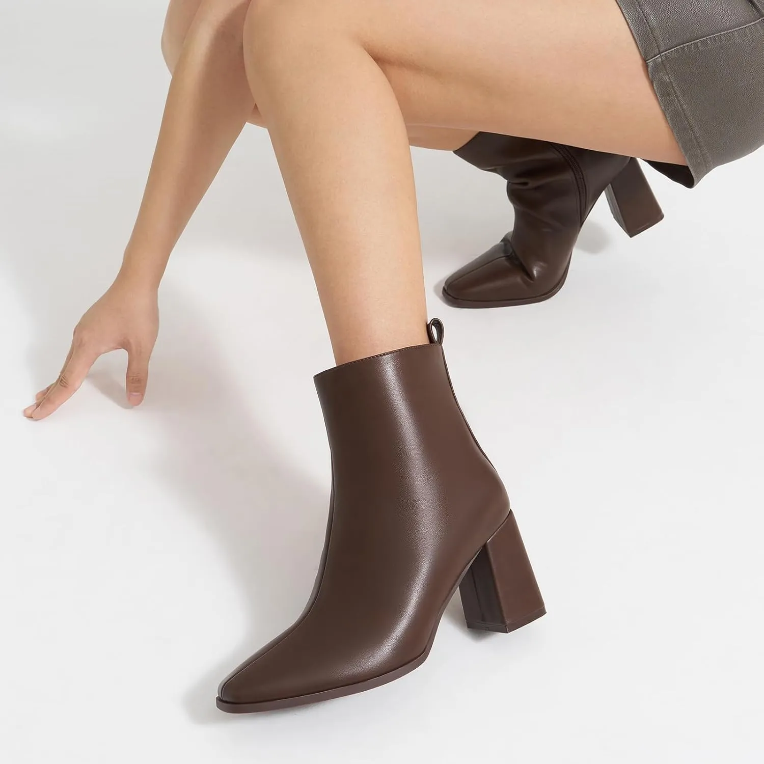 ALICEPUB Women's Ankle Boots Chunky Heel Booties Leather & Suede Dress Booties Square Toe Boots with Side Zipper