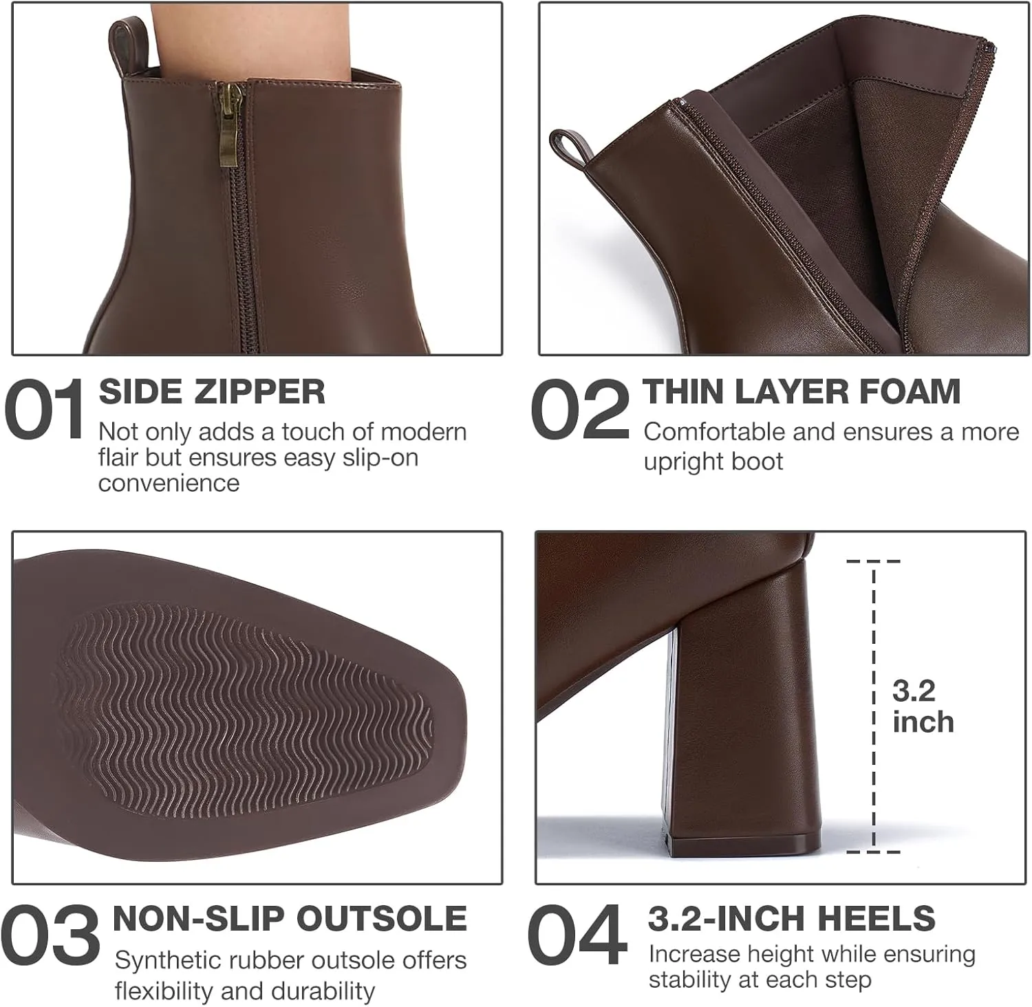 ALICEPUB Women's Ankle Boots Chunky Heel Booties Leather & Suede Dress Booties Square Toe Boots with Side Zipper