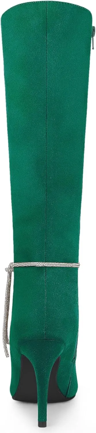Allegra K Women's Rhinestone Crystal Chain Pointed Toe Stiletto Heels Knee High Boots