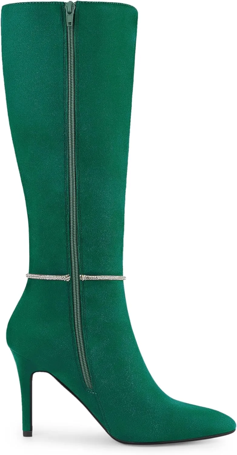 Allegra K Women's Rhinestone Crystal Chain Pointed Toe Stiletto Heels Knee High Boots