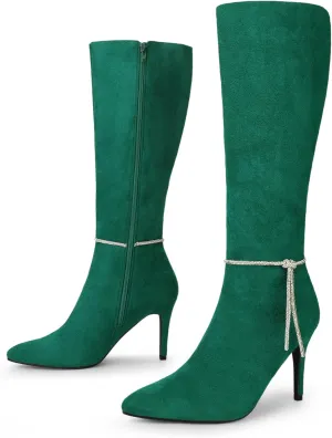 Allegra K Women's Rhinestone Crystal Chain Pointed Toe Stiletto Heels Knee High Boots