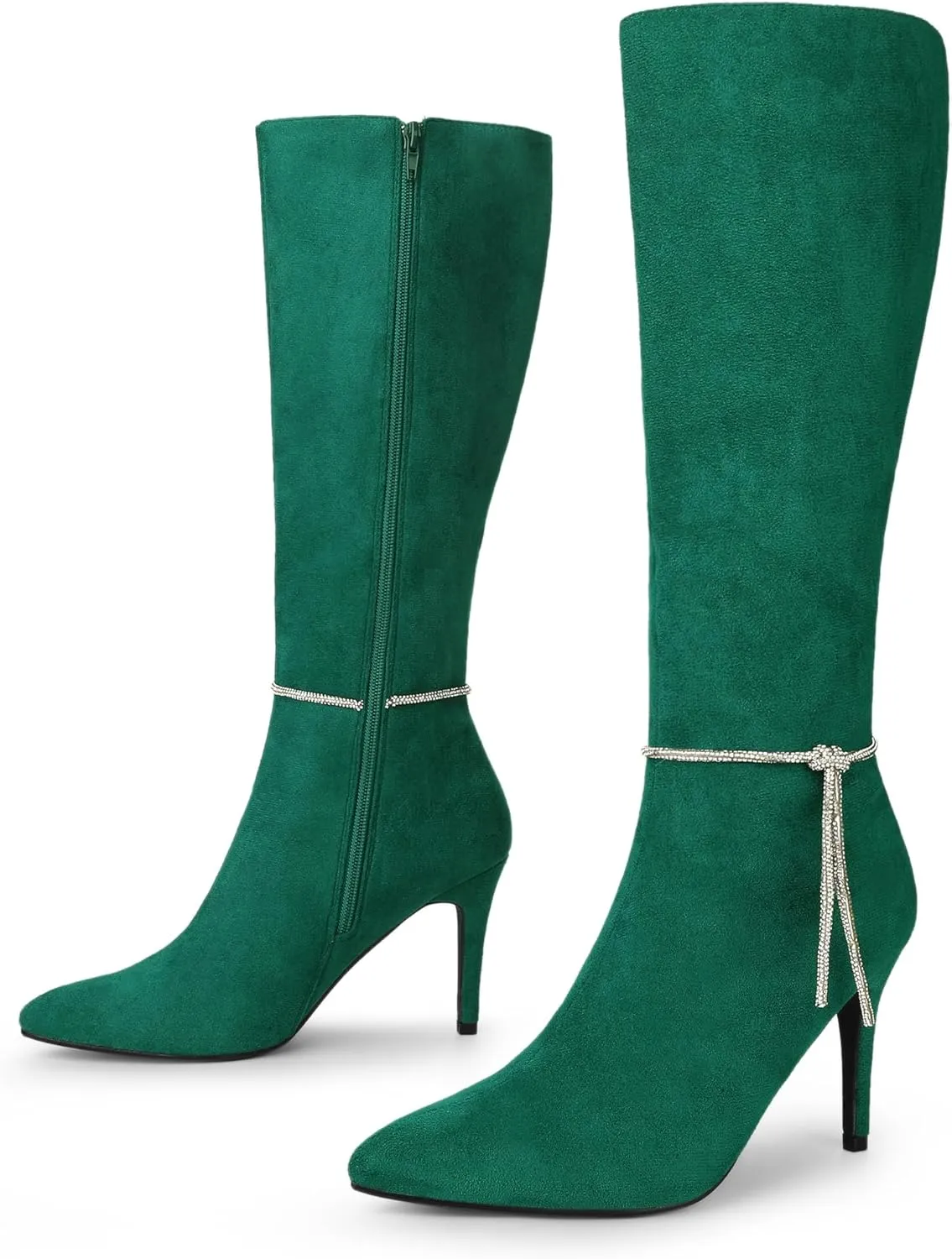 Allegra K Women's Rhinestone Crystal Chain Pointed Toe Stiletto Heels Knee High Boots
