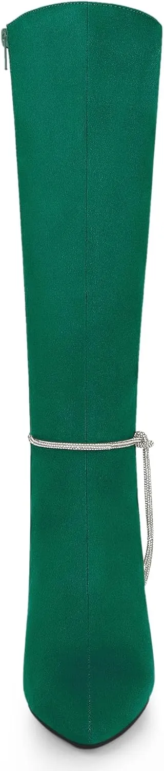 Allegra K Women's Rhinestone Crystal Chain Pointed Toe Stiletto Heels Knee High Boots