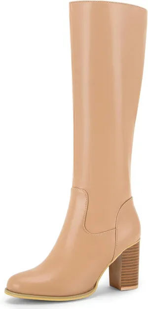 Allegra K Women's Round Toe Block Heeled Knee High Boots