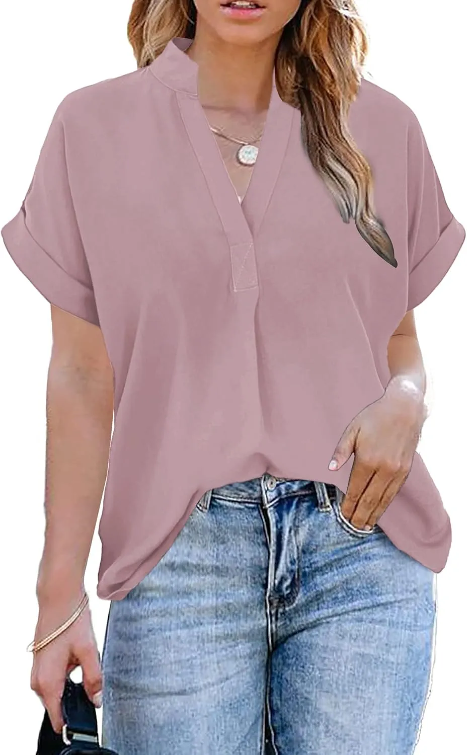 ANCAPELION Women’s Summer Chiffon Blouse Casual Short Sleeve V Neck Shirt Loose Printed Cuffed Sleeve Tunic Tops for Women