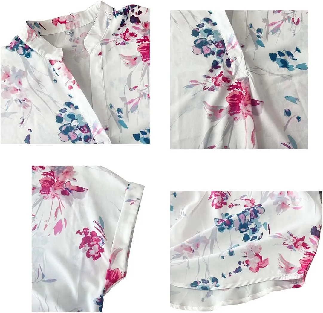 ANCAPELION Women’s Summer Chiffon Blouse Casual Short Sleeve V Neck Shirt Loose Printed Cuffed Sleeve Tunic Tops for Women