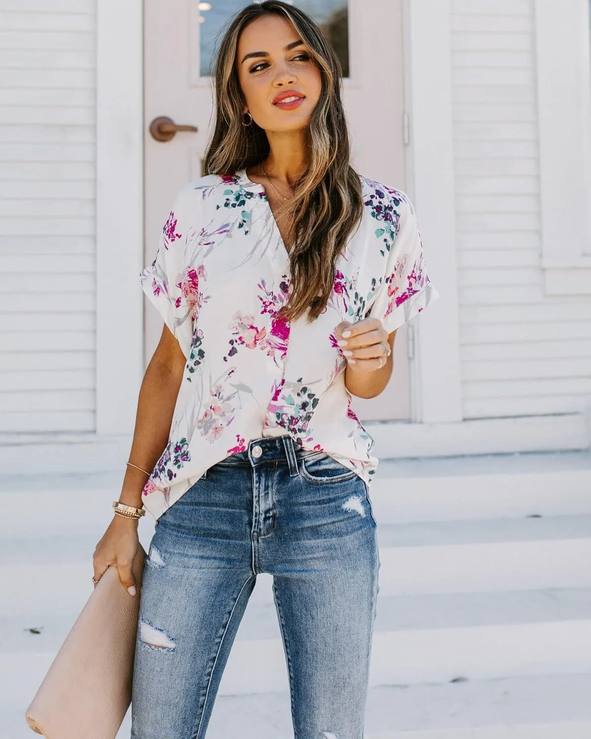 ANCAPELION Women’s Summer Chiffon Blouse Casual Short Sleeve V Neck Shirt Loose Printed Cuffed Sleeve Tunic Tops for Women