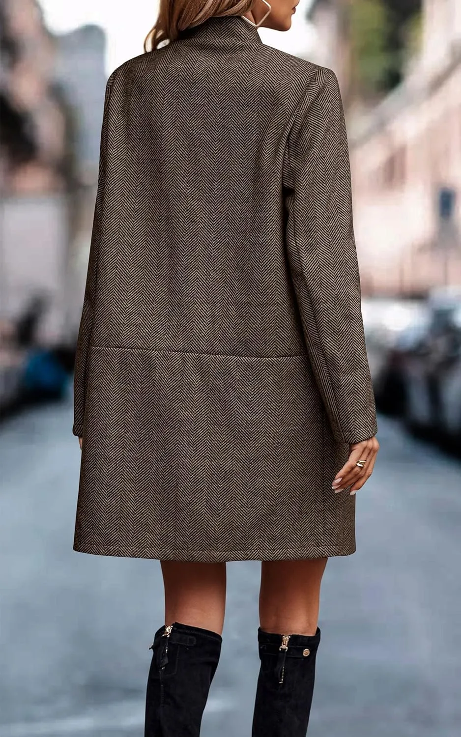 Angashion Women’s Coat, Long Sleeve Stand Collar Cardigan Mid-Long Open Front Outwear Overcoat with Zipper Pockets