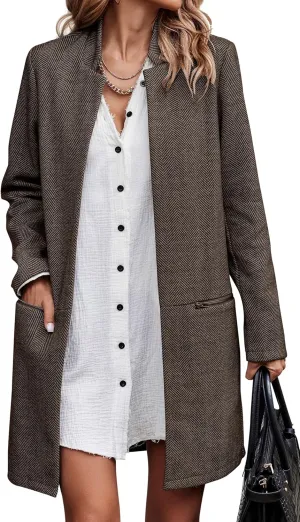 Angashion Women’s Coat, Long Sleeve Stand Collar Cardigan Mid-Long Open Front Outwear Overcoat with Zipper Pockets
