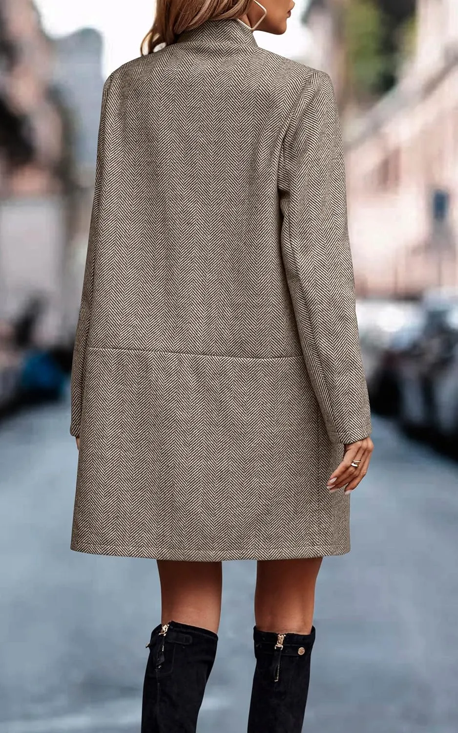 Angashion Women’s Coat, Long Sleeve Stand Collar Cardigan Mid-Long Open Front Outwear Overcoat with Zipper Pockets