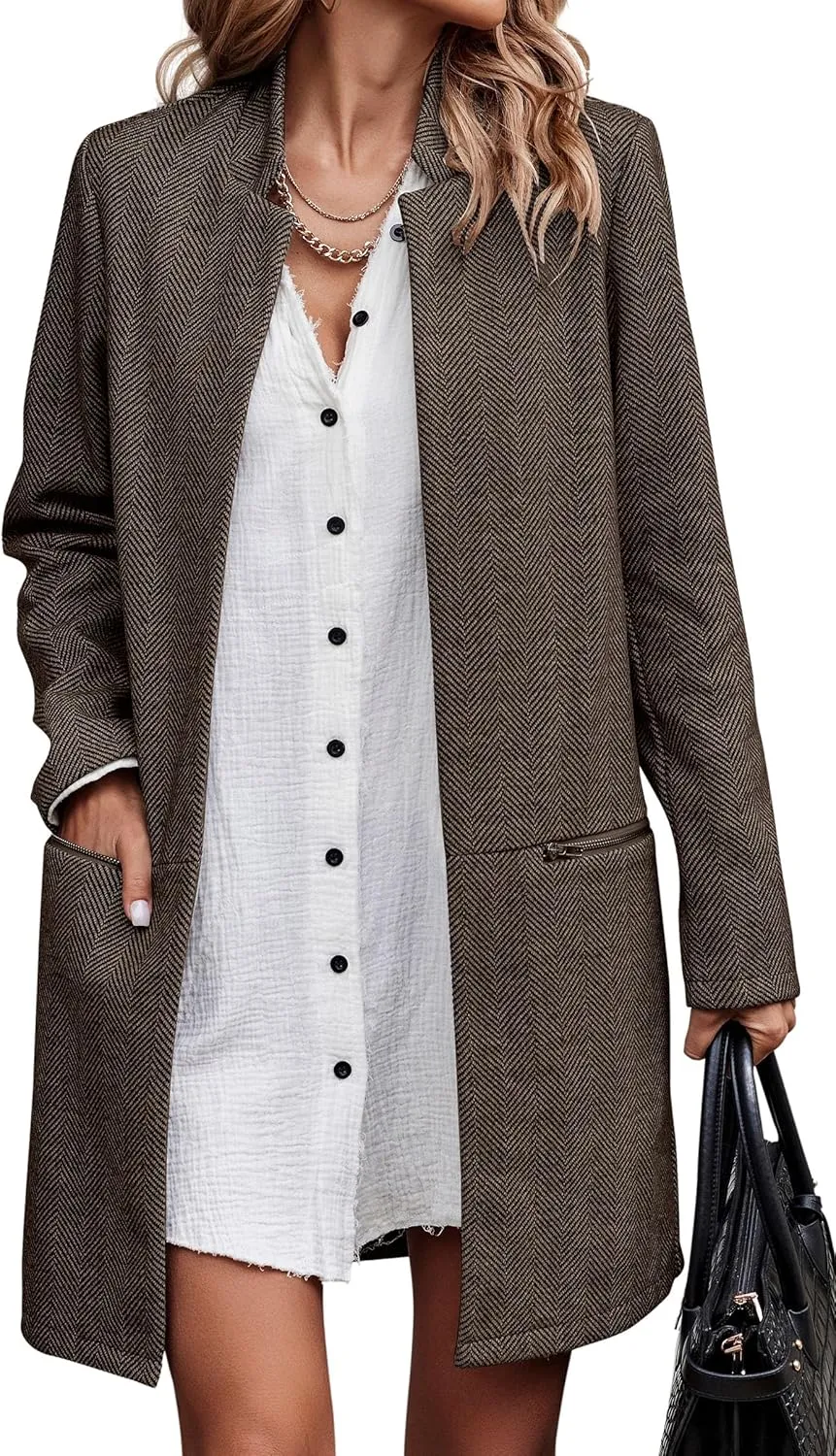 Angashion Women’s Coat, Long Sleeve Stand Collar Cardigan Mid-Long Open Front Outwear Overcoat with Zipper Pockets