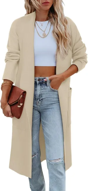Angerella Women's Casual Long Sleeve Draped Open Front Knit Long Cardigan Sweater Outwear Coats with Pocket