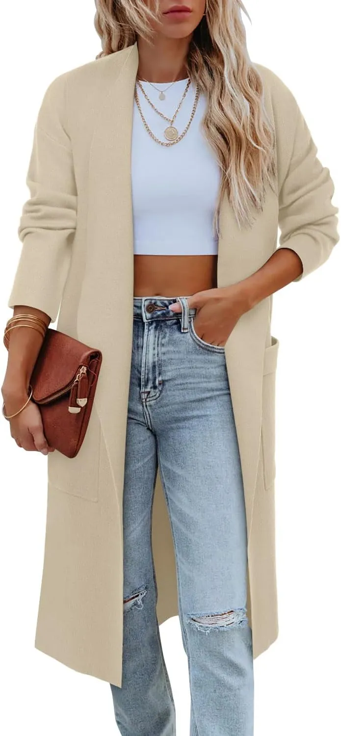 Angerella Women's Casual Long Sleeve Draped Open Front Knit Long Cardigan Sweater Outwear Coats with Pocket