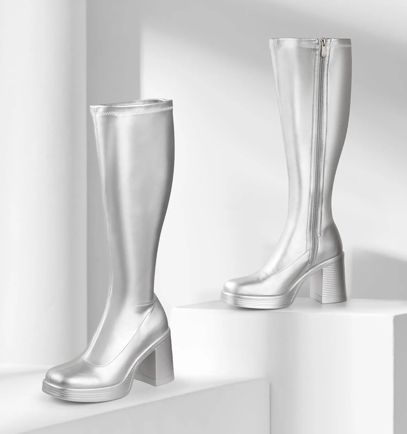 Ankis Knee High Boots Platform Boots for Women Chunky Heel Side Zipper Long GOGO Boots