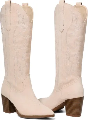 AOSPHIRAYLIAN Womens Knee High Boots for Women Pointed Toe Cowboy Cowgirl Boots with Embroidery Pull On Chunky Block High Heel Western Boots