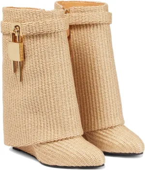 Arqa Fold Over Boots for Women Almond Toe Covered Wedge Heel Padlock Mid Calf Boot Metal Lock Pull-on Fashion Dress Boots