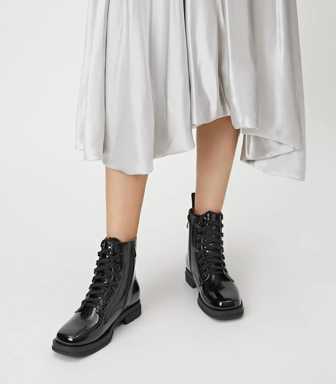 Arromic Black Ankle Boots Women's Lace-up Combat Boots with Side Zipper Square Toe Low Heel Fashion Booties
