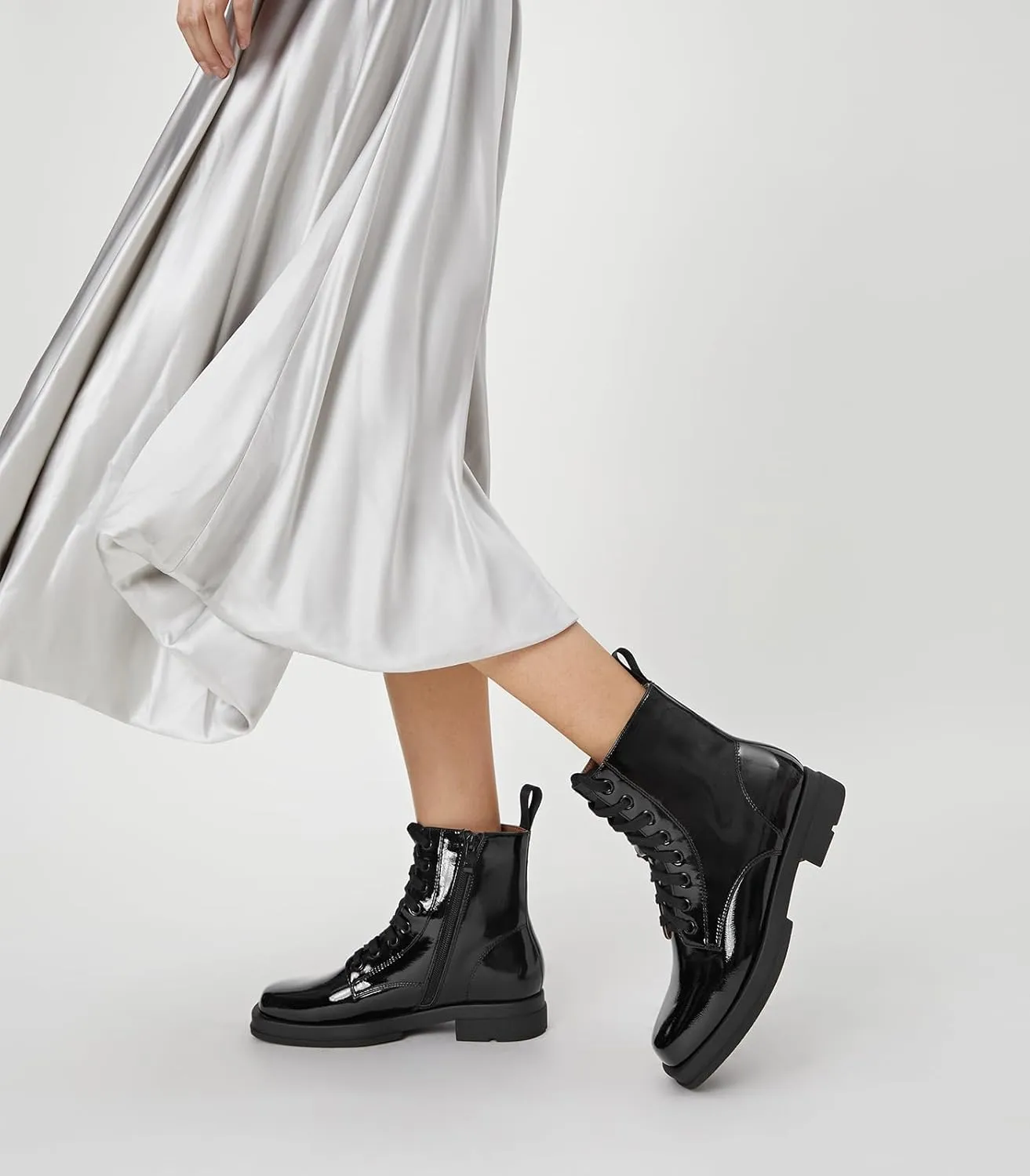 Arromic Black Ankle Boots Women's Lace-up Combat Boots with Side Zipper Square Toe Low Heel Fashion Booties