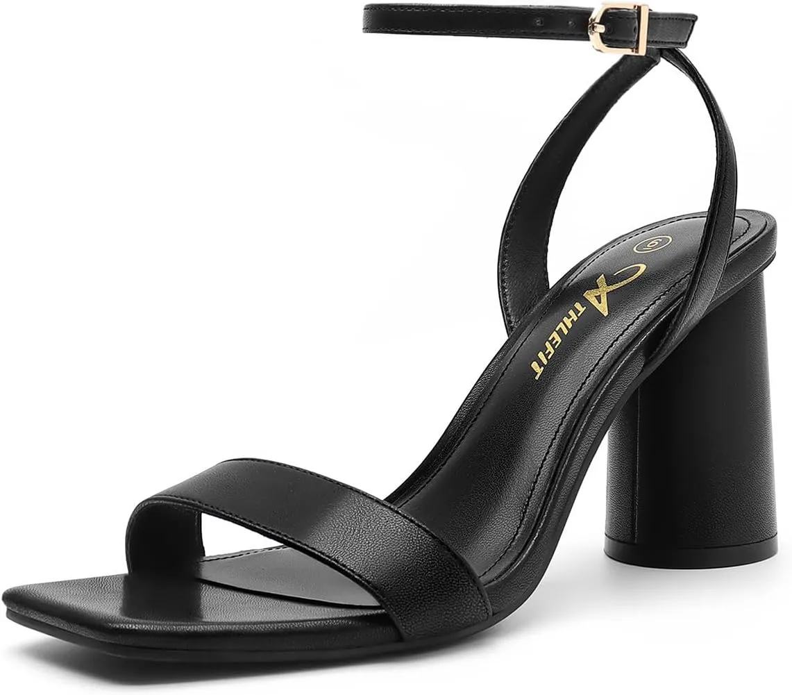 Athlefit Chunky Heels for Women Block Heeled Sandals Square Toe Ankle Strap Fashion High Heels for Prom