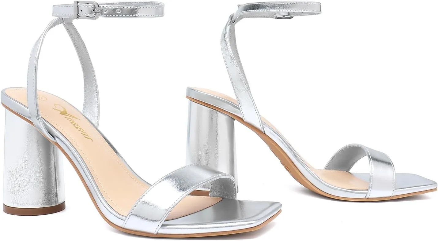 Athlefit Chunky Heels for Women Block Heeled Sandals Square Toe Ankle Strap Fashion High Heels for Prom