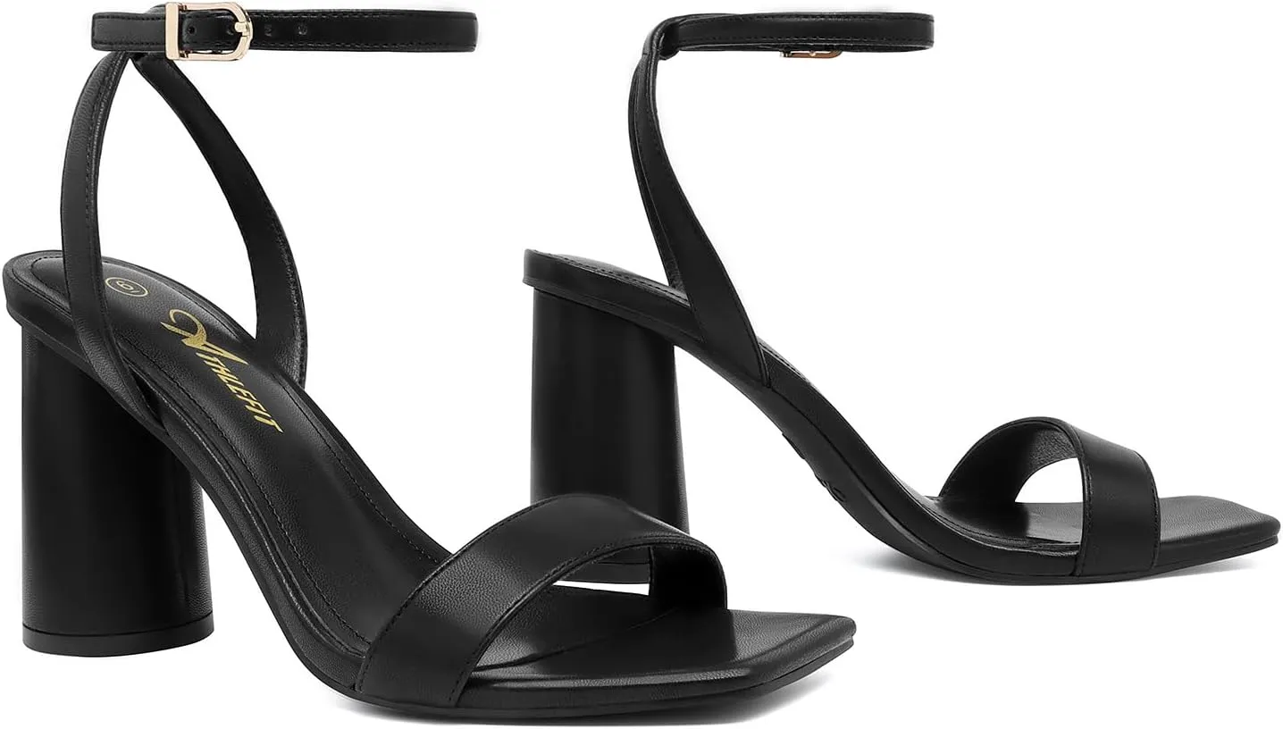 Athlefit Chunky Heels for Women Block Heeled Sandals Square Toe Ankle Strap Fashion High Heels for Prom