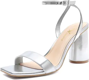 Athlefit Chunky Heels for Women Block Heeled Sandals Square Toe Ankle Strap Fashion High Heels for Prom