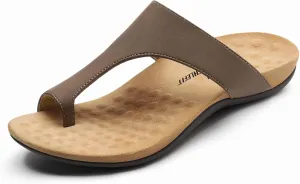 Athlefit Orthopedic Sandals for Women Orthotic Arch Support Flip Flops Comfortable Walking Brown Leather Flat Sandals Size 7