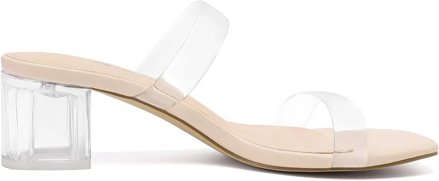 Athlefit Women's Two Strap Open Toe Heels Sandals Chunky Block Comfortable Slip On Low Heel Dress Shoes
