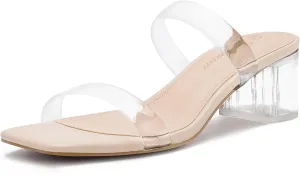 Athlefit Women's Two Strap Open Toe Heels Sandals Chunky Block Comfortable Slip On Low Heel Dress Shoes