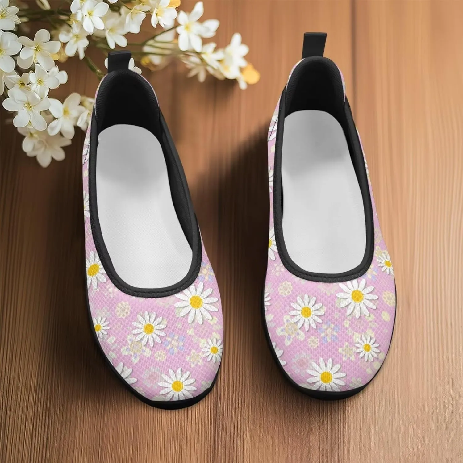 Ballet Style Flats for Ladies Big Girls Women's Slip on Shoes Mesh Walking Flat Shoes Comfort Lightweight Casual Sneakers for Travel Date & Party Gift for Wife Girlfiend Black Sole Size 6-11