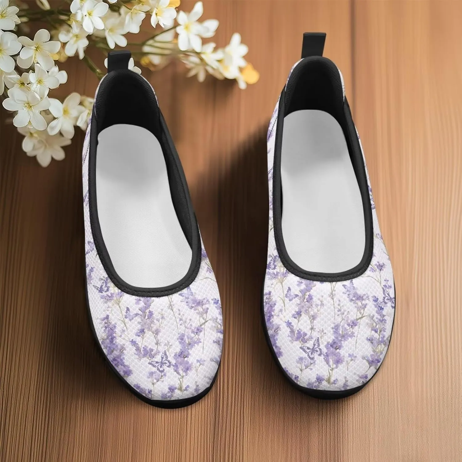 Ballet Style Flats for Ladies Big Girls Women's Slip on Shoes Mesh Walking Flat Shoes Comfort Lightweight Casual Sneakers for Travel Date & Party Gift for Wife Girlfiend Black Sole Size 6-11