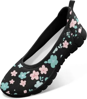 Ballet Style Flats for Ladies Big Girls Women's Slip on Shoes Mesh Walking Flat Shoes Comfort Lightweight Casual Sneakers for Travel Date & Party Gift for Wife Girlfiend Black Sole Size 6-11