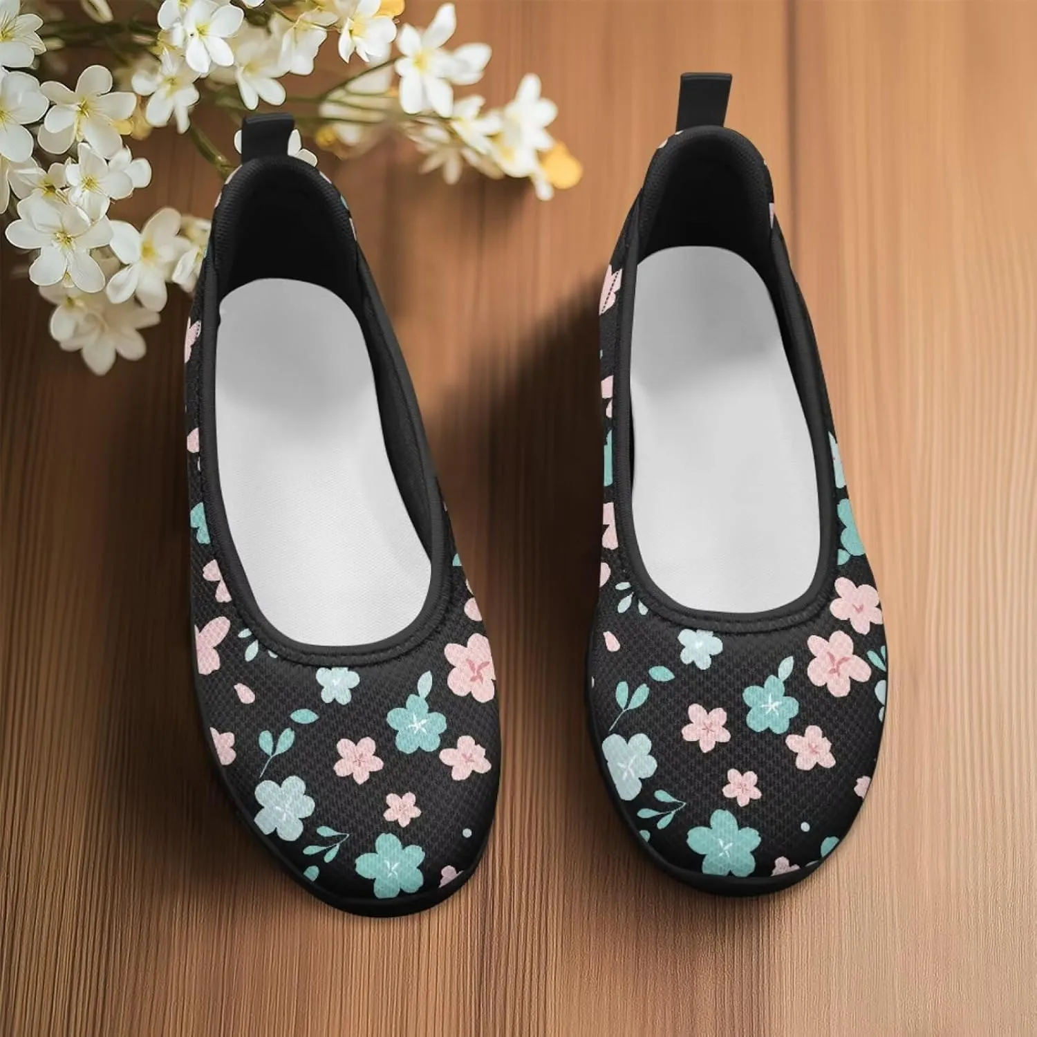 Ballet Style Flats for Ladies Big Girls Women's Slip on Shoes Mesh Walking Flat Shoes Comfort Lightweight Casual Sneakers for Travel Date & Party Gift for Wife Girlfiend Black Sole Size 6-11