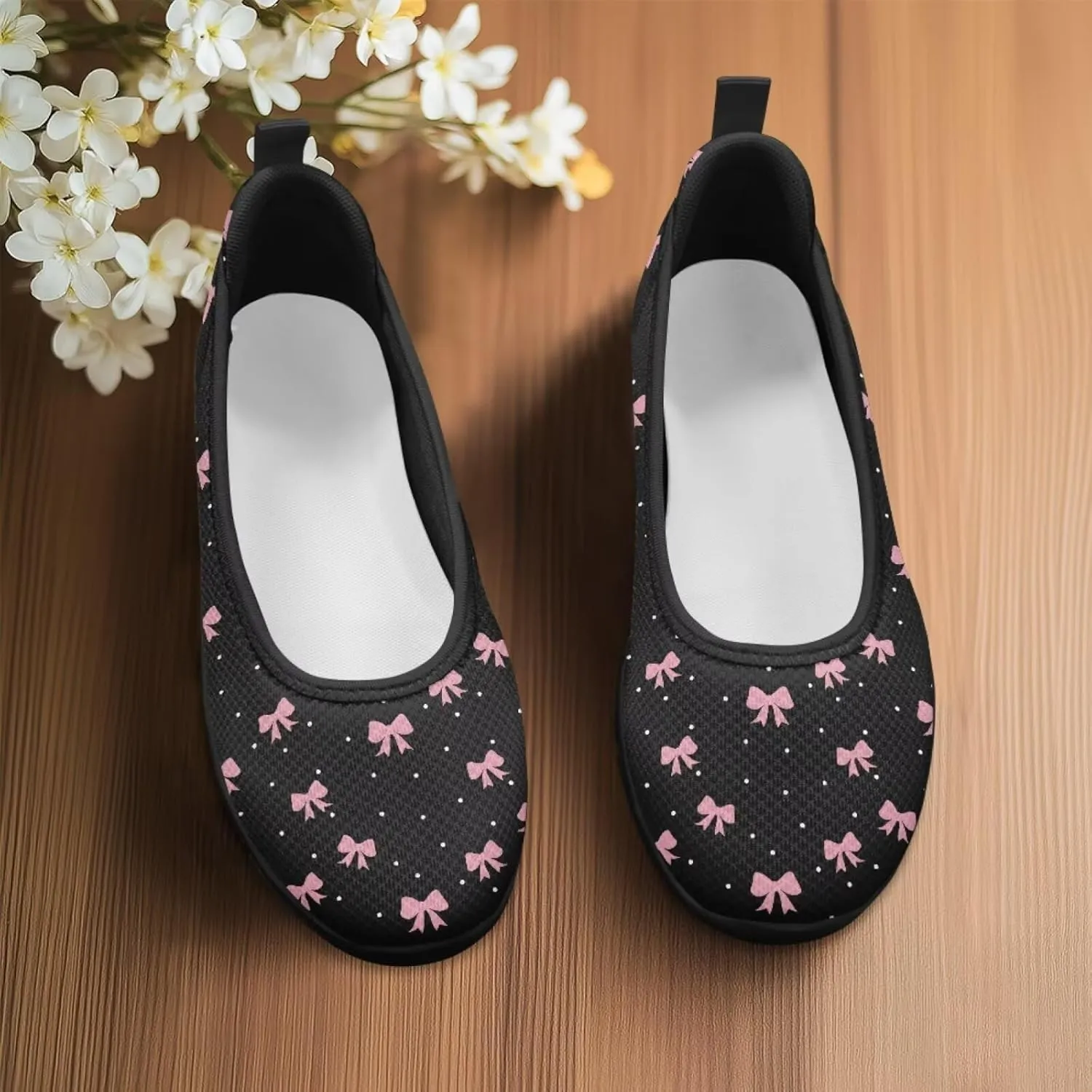 Ballet Style Flats for Ladies Big Girls Women's Slip on Shoes Mesh Walking Flat Shoes Comfort Lightweight Casual Sneakers for Travel Date & Party Gift for Wife Girlfiend Black Sole Size 6-11