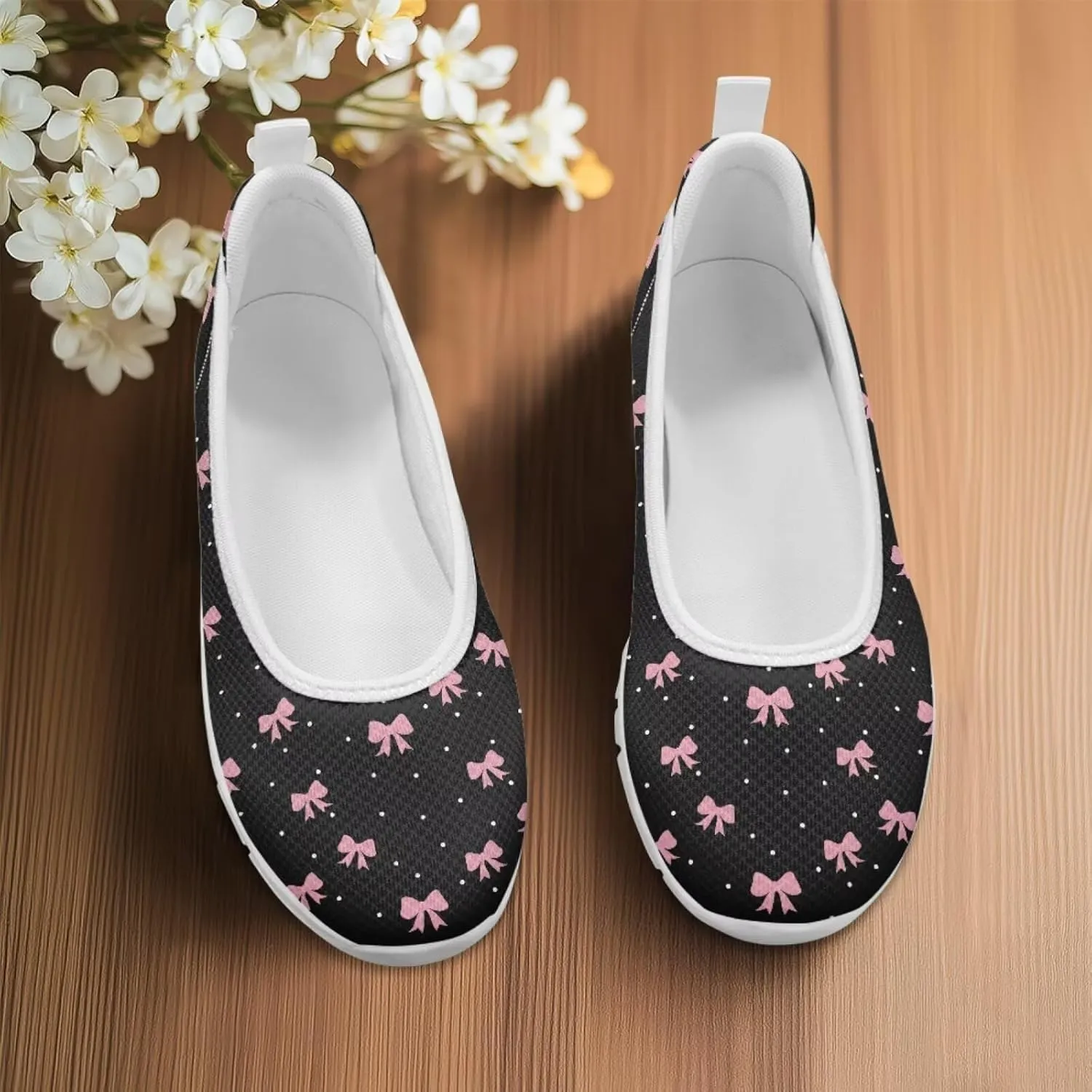 Ballet Style Flats for Ladies Big Girls Women's Slip on Shoes Mesh Walking Flat Shoes Comfort Lightweight Casual Sneakers for Travel Date & Party Gift for Wife Girlfiend White Sole Size 6-11
