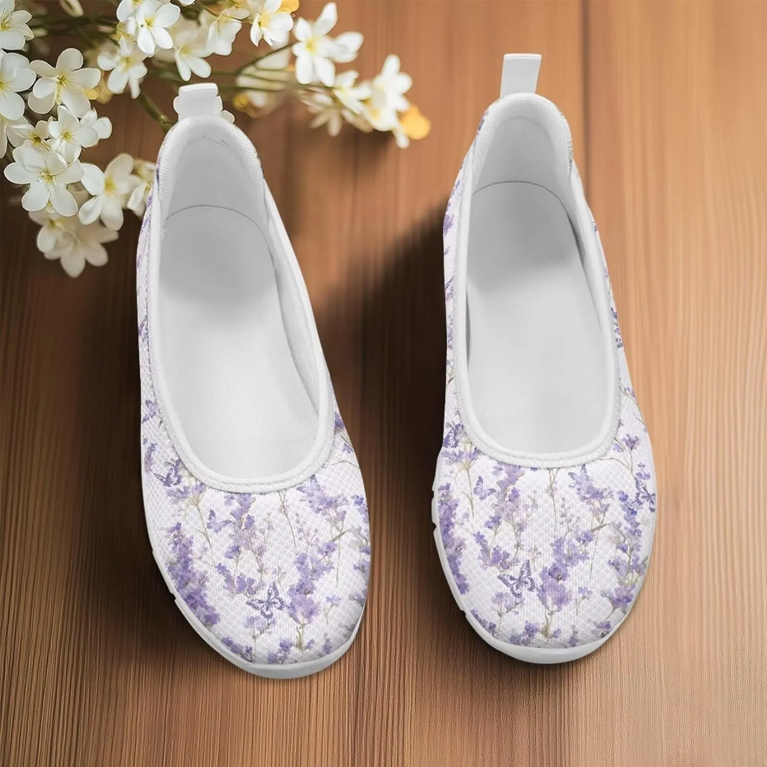 Ballet Style Flats for Ladies Big Girls Women's Slip on Shoes Mesh Walking Flat Shoes Comfort Lightweight Casual Sneakers for Travel Date & Party Gift for Wife Girlfiend White Sole Size 6-11
