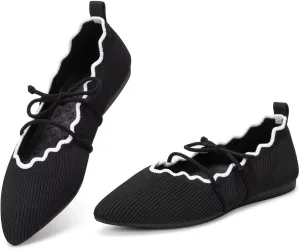 BEJINASH Women's Knitted Flats Pointed Toe Slip On Womens Shoes with Ruffled Vamp Elastic Rope Design for Casual Daily Ballets Shoes
