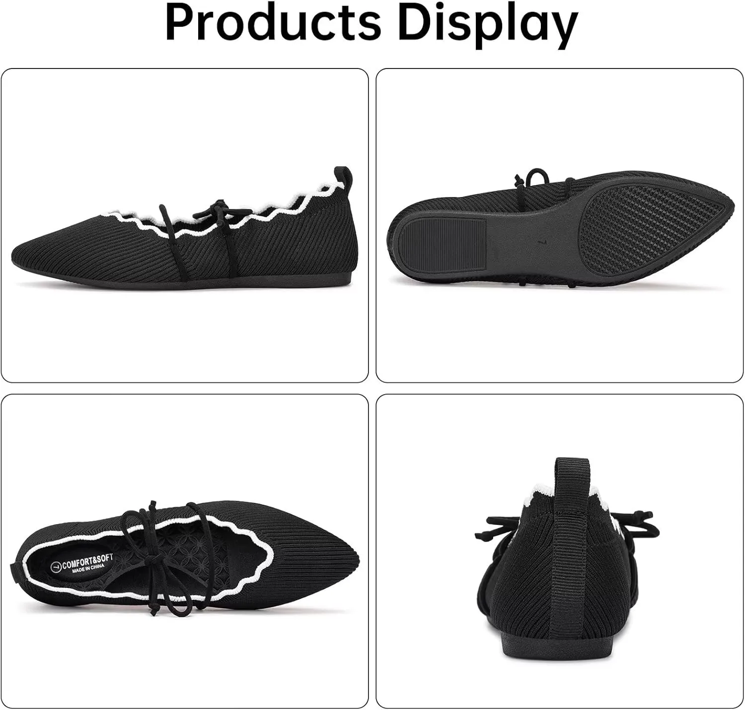 BEJINASH Women's Knitted Flats Pointed Toe Slip On Womens Shoes with Ruffled Vamp Elastic Rope Design for Casual Daily Ballets Shoes